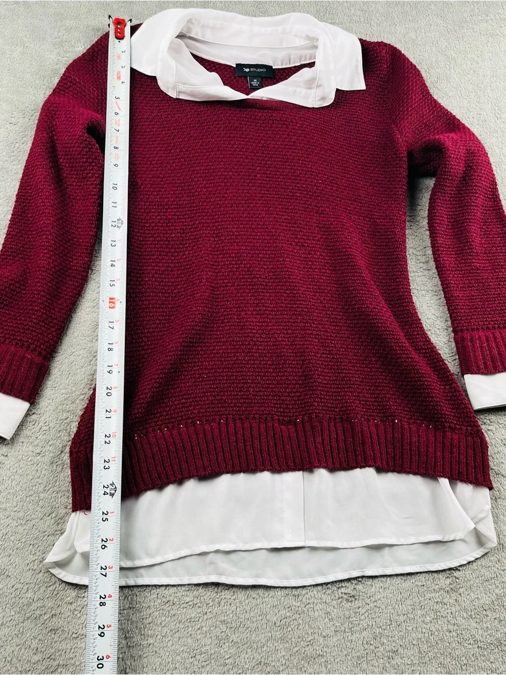 AB Studio Burgundy Crewneck Sweater with White Shirt Hem